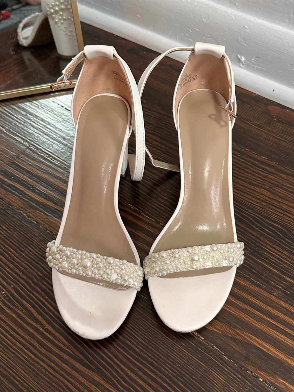 Handmade white pearl heels with ankle strap